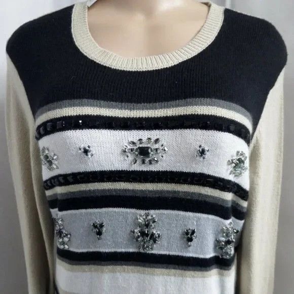 LOFT BEIGE STRIPED EMBELLISHED FRONT CAREER CASUAL TUNIC SWEATER SIZE: XL NWT - Picture 4 of 4